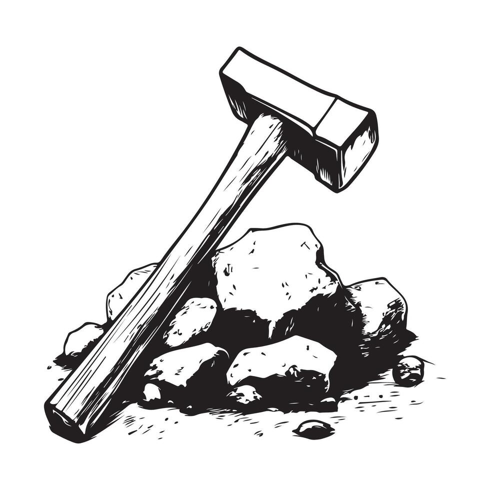 Metal Hammer and Sharp Chisel Resting on Large Rocks in Nature vector