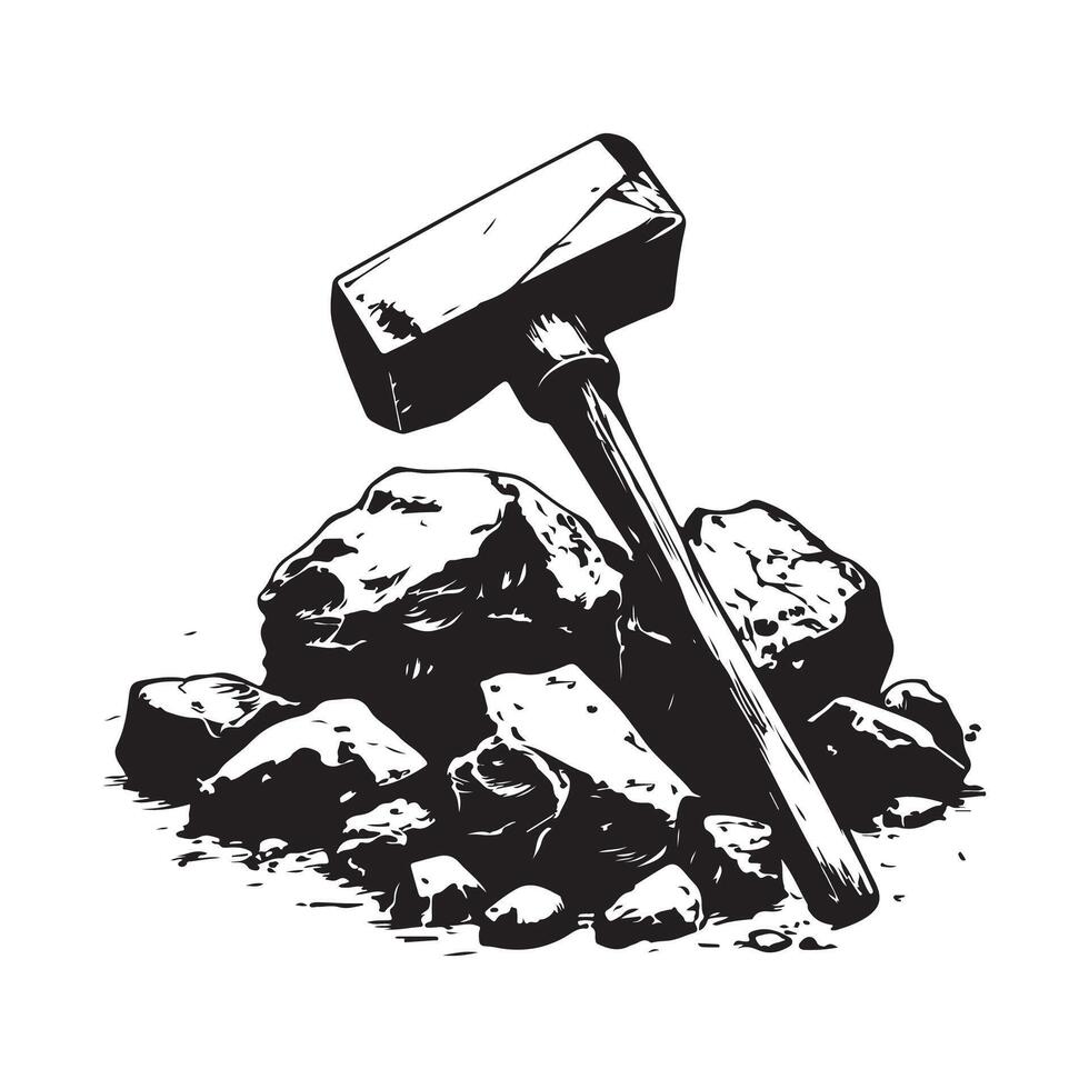Rock Hammer and Chisel Placed on Rough Stones for Mining Work vector