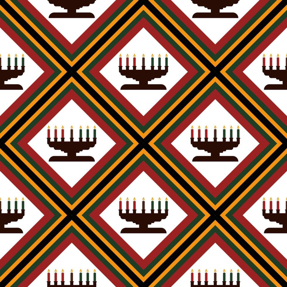 Geometric Kwanzaa pattern featuring a repeat design with a seven-branched candleholder and a decorative repeating background design. This image is perfect for use in design vector