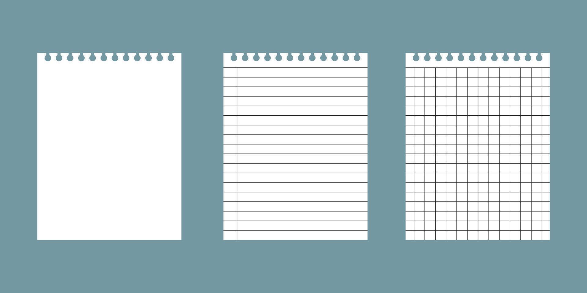 Set of Realistic lined notepapers. Grid page notebook with margin. Set of torn sheet of paper from a workbook with shadow, pads paper sheets. illustration. vector