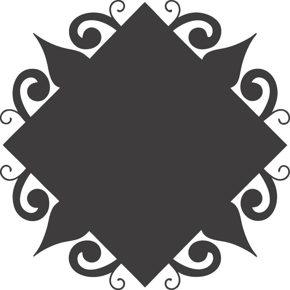 A decorative black graphic featuring a diamond shape at the center, surrounded by swirling ornate patterns extending from each corner vector