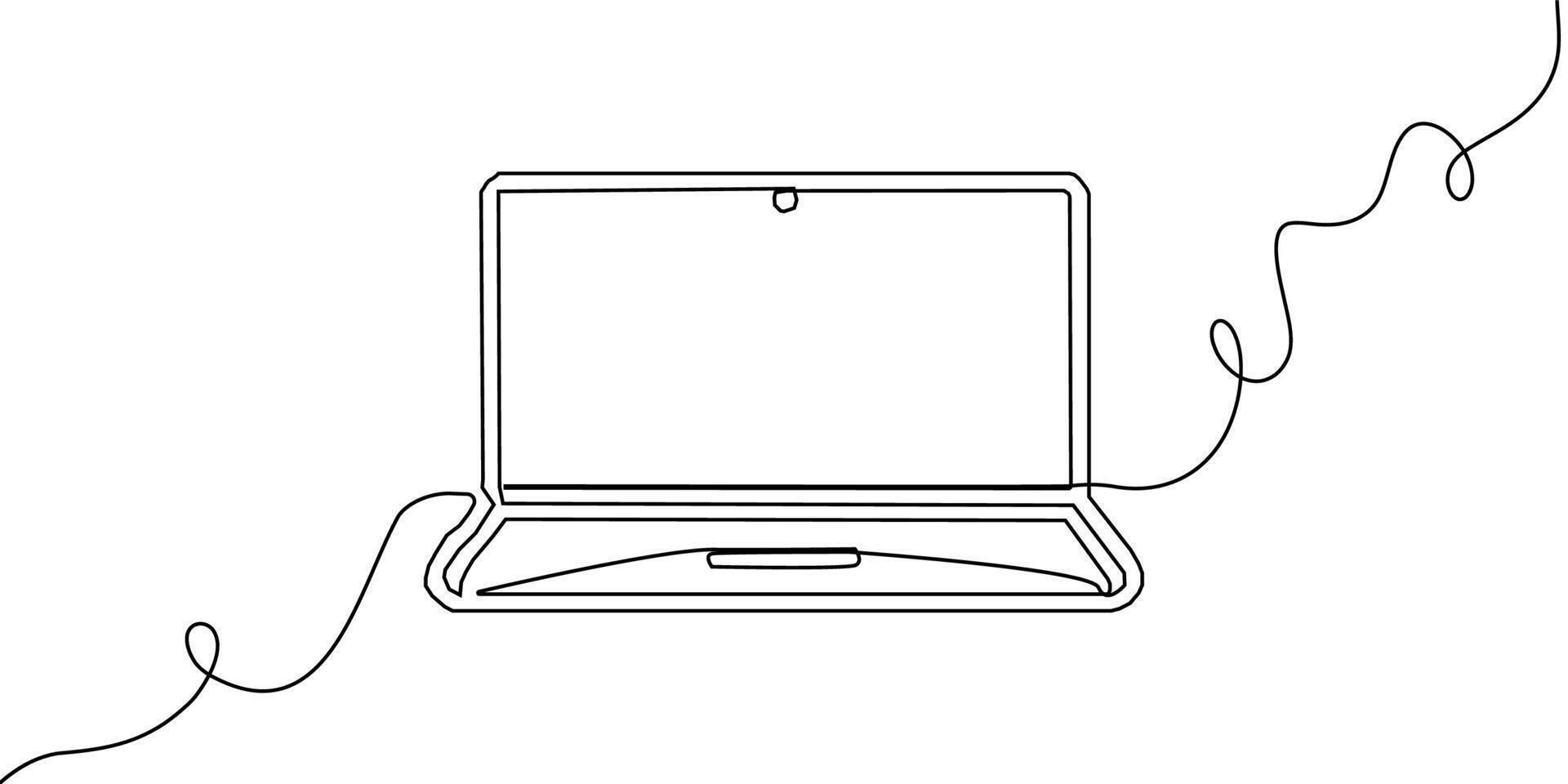 Continuous laptop line screen computer office work art pc outline illustration. Line laptop continuous notebook doodle single desktop typing business icon monitor digital email data technology. vector