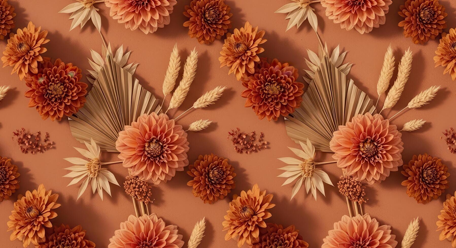 Terracotta background with repeating pattern of orange and peach dahlias and dried palm leaves floral photo