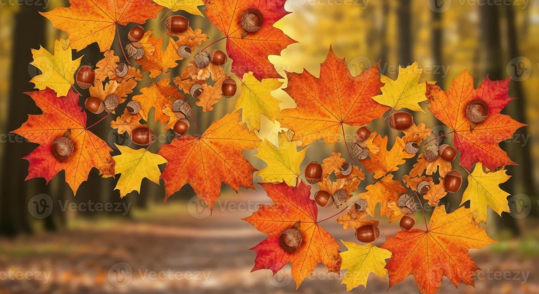 Autumn maple leaves and acorns arranged in a decorative pattern on a blurred forest path background fall photo