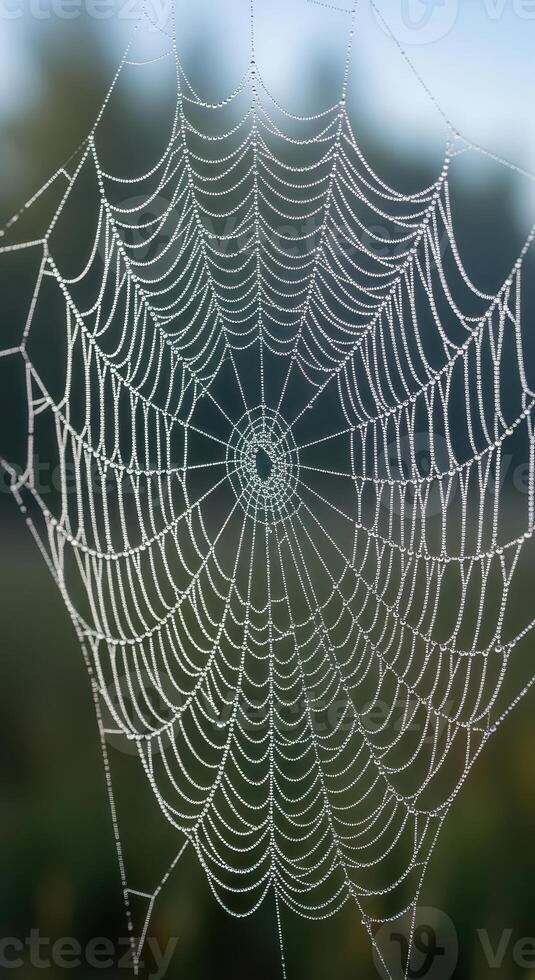 Dew Covered Spiderweb in Nature Green Background spider silk photo