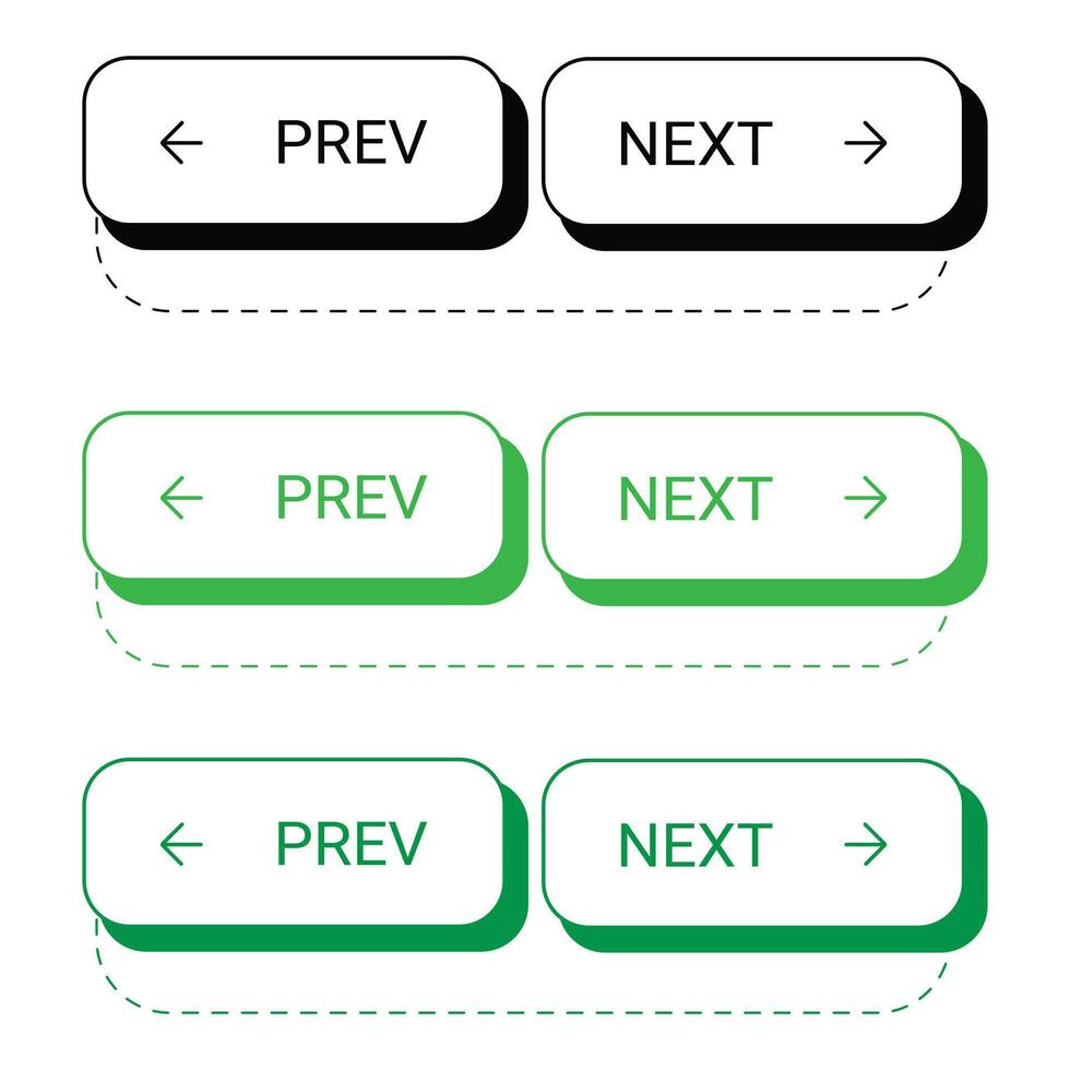 Prev and Next navigation buttons in multiple styles for web, UI, and apps. vector