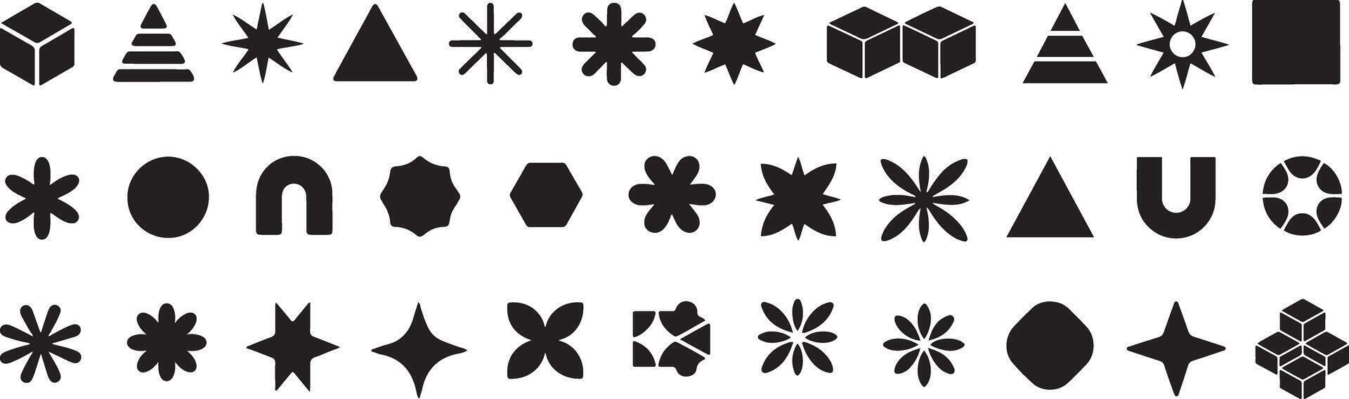 y2k brutalist geometric shapes, big collection of abstract figures, icons, labels, stickers, Modern bold brutalistic objects, and symbols for design vector