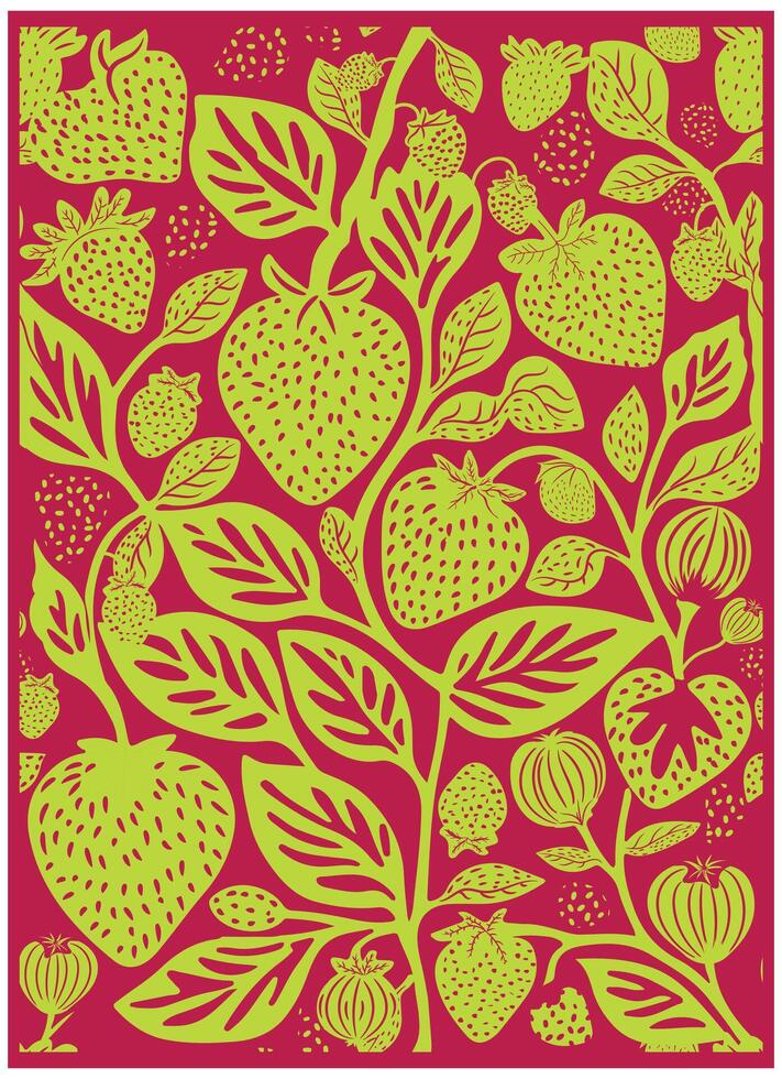 A vibrant pattern of green strawberries and leaves on a deep red background, showcasing various sizes and styles of fruit. vector