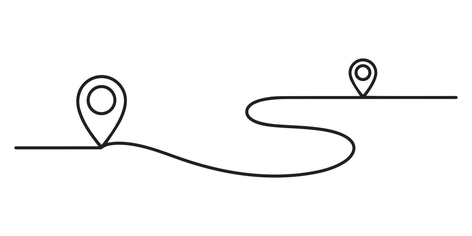 Black line drawing of destination location pointers with route on a white background vector