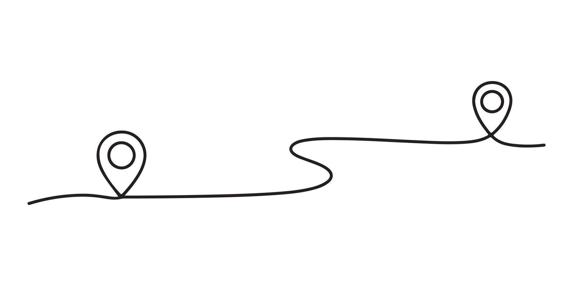 Black outline drawing of route between two location pin pointers on white background vector