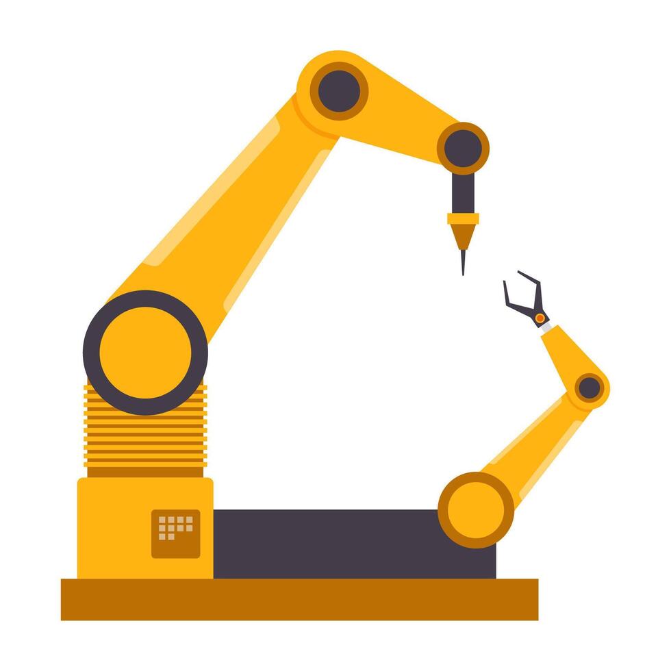 Two modern robotic arms work in sync on an automated production line. Sleek machinery showcases precision and advanced manufacturing technology. vector