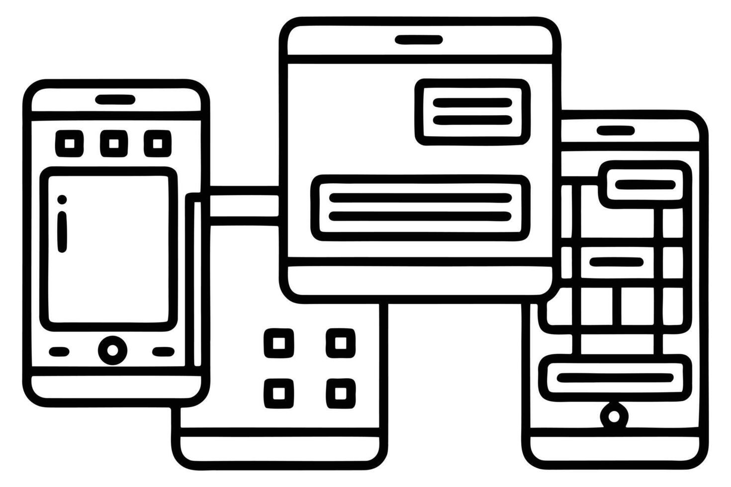 Group of smartphones displaying different interfaces silhouette isolated on white background vector