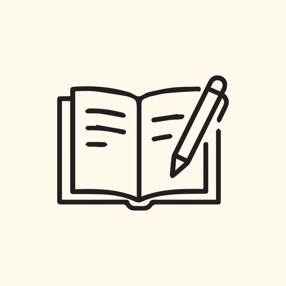 Simple outline icon of an open book and pen for creative writing notes and study vector