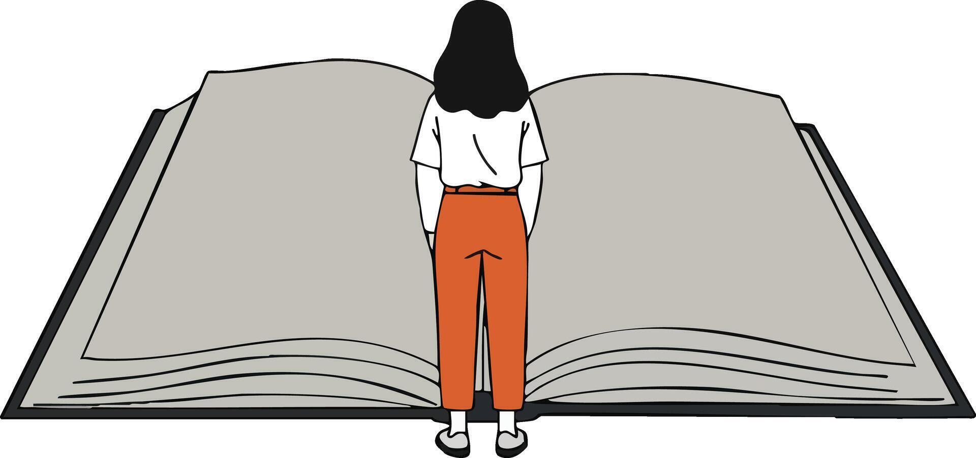 Woman standing in front of giant open book symbolizing knowledge and imagination illustration vector