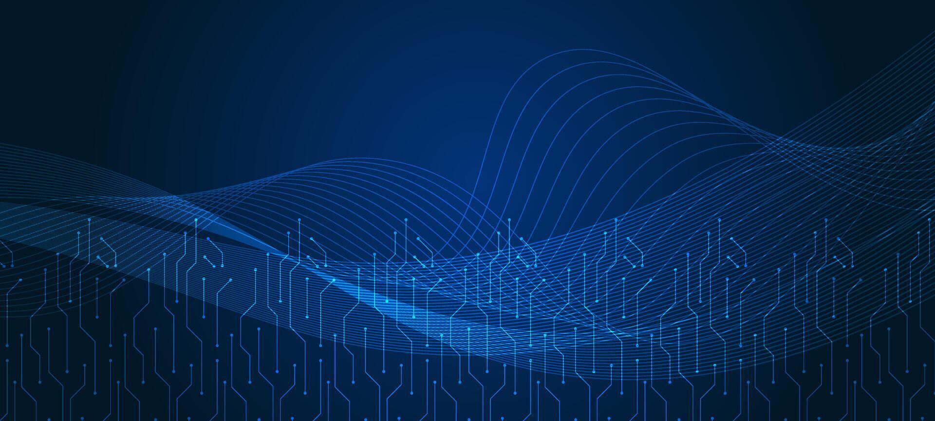 Circuit board blue wave background. Abstract blue circuit board technology connected lines electronic. Motherboard, microchip, processor, and cpu concept vector