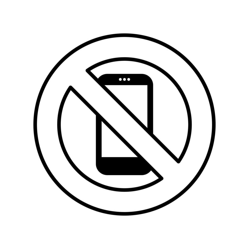 no cell phone sign icon. the design features a solid smartphone icon inside a minimalist outline circle and a diagonal line. vector