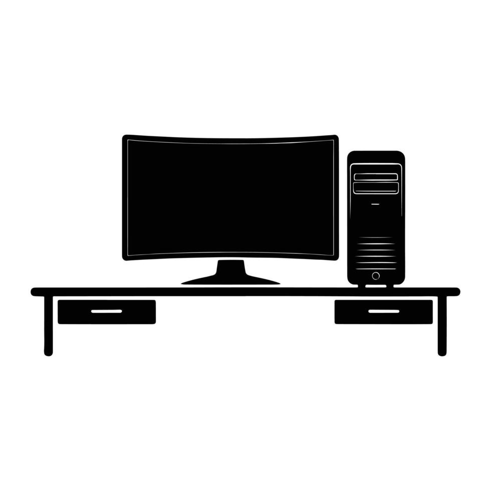Black computer setup on desk monitor tower vector