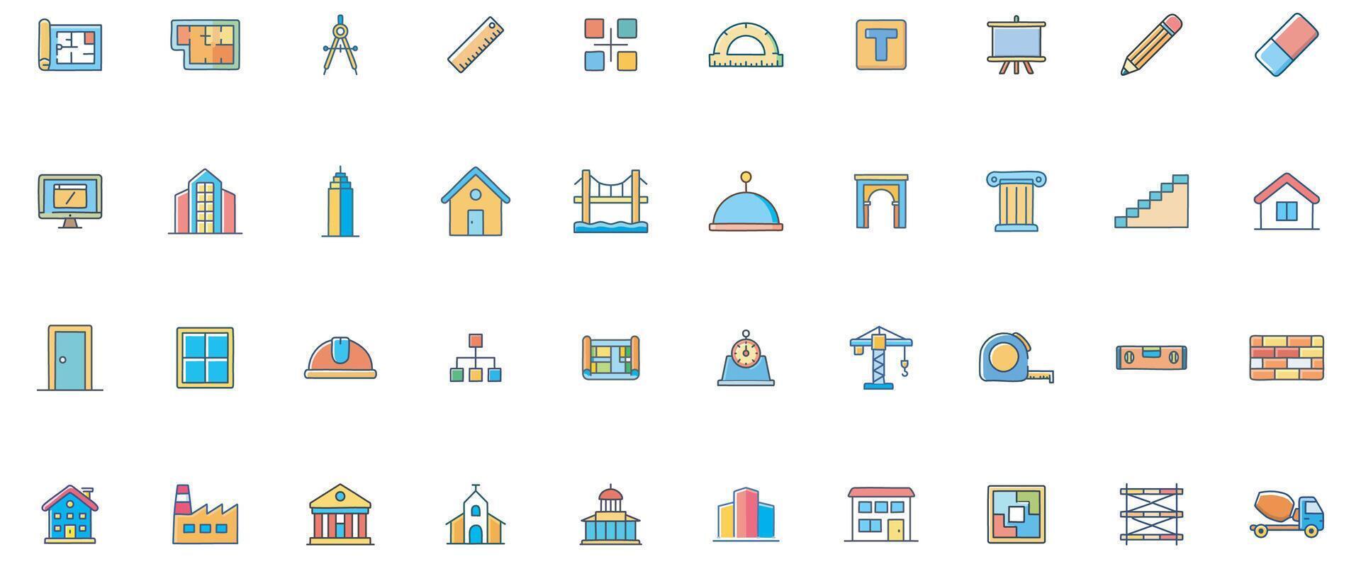 Modern Architecture Color Icon Set Building, Design and Construction Symbols vector