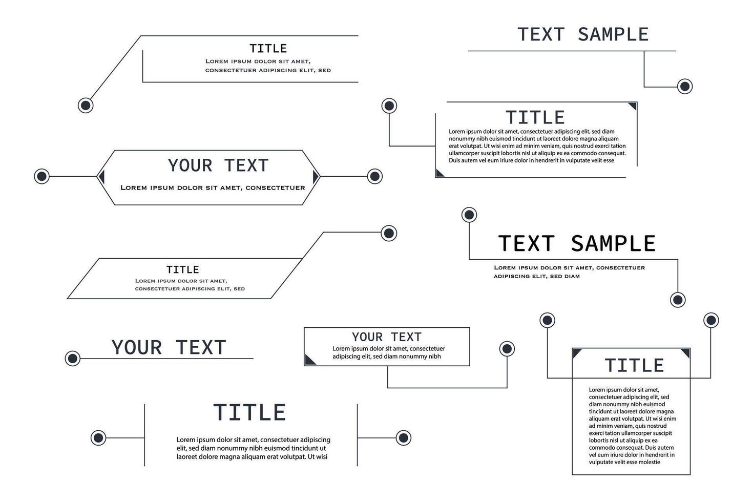 Set Text box frame, title callout tech hud border menu, modern line interface board. Set game elements, web design template for text, banner. vector