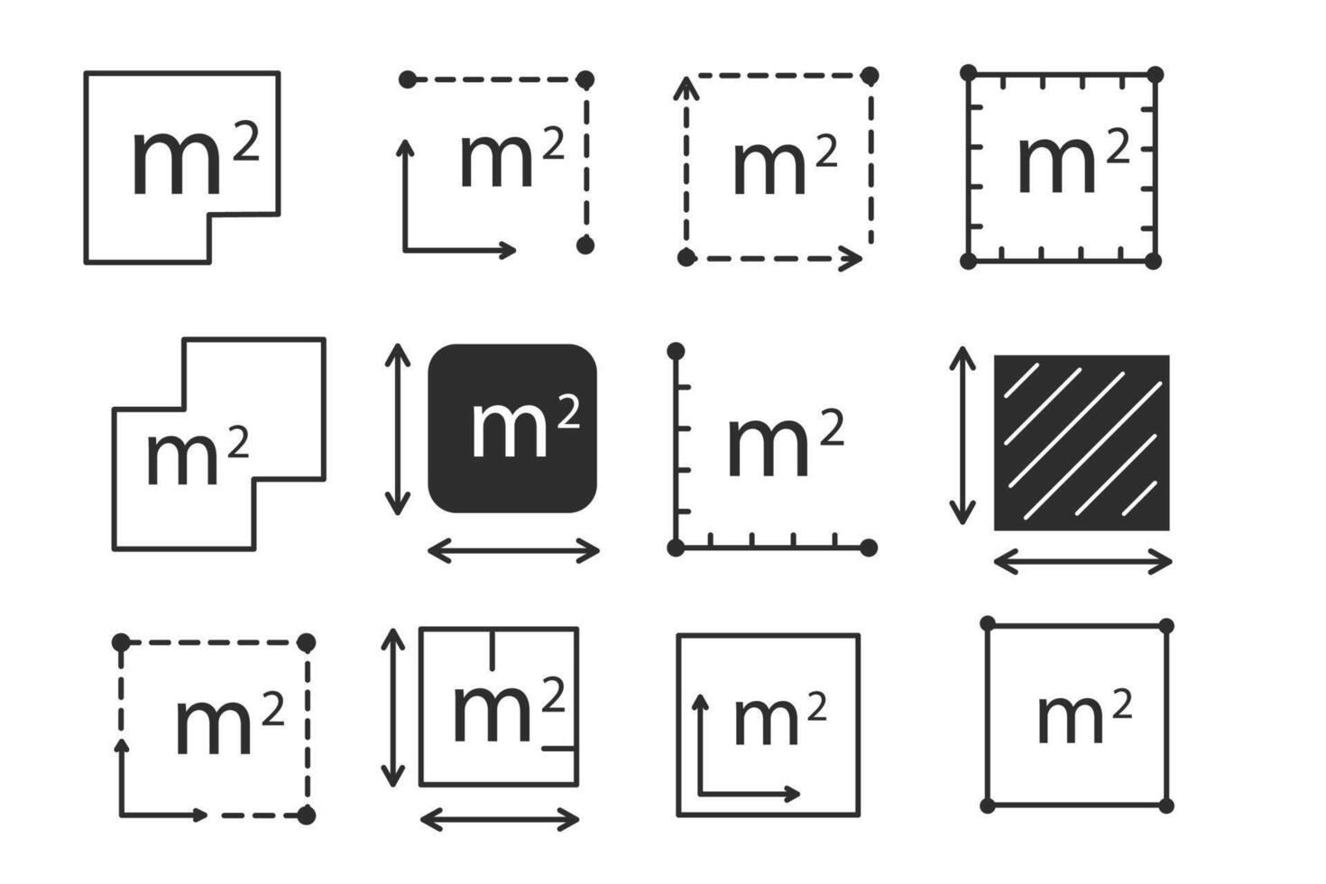 Square meter set icons line quantity area, m2 measuring area sign symbol. Simple territory measurement. Flat area square meter. vector