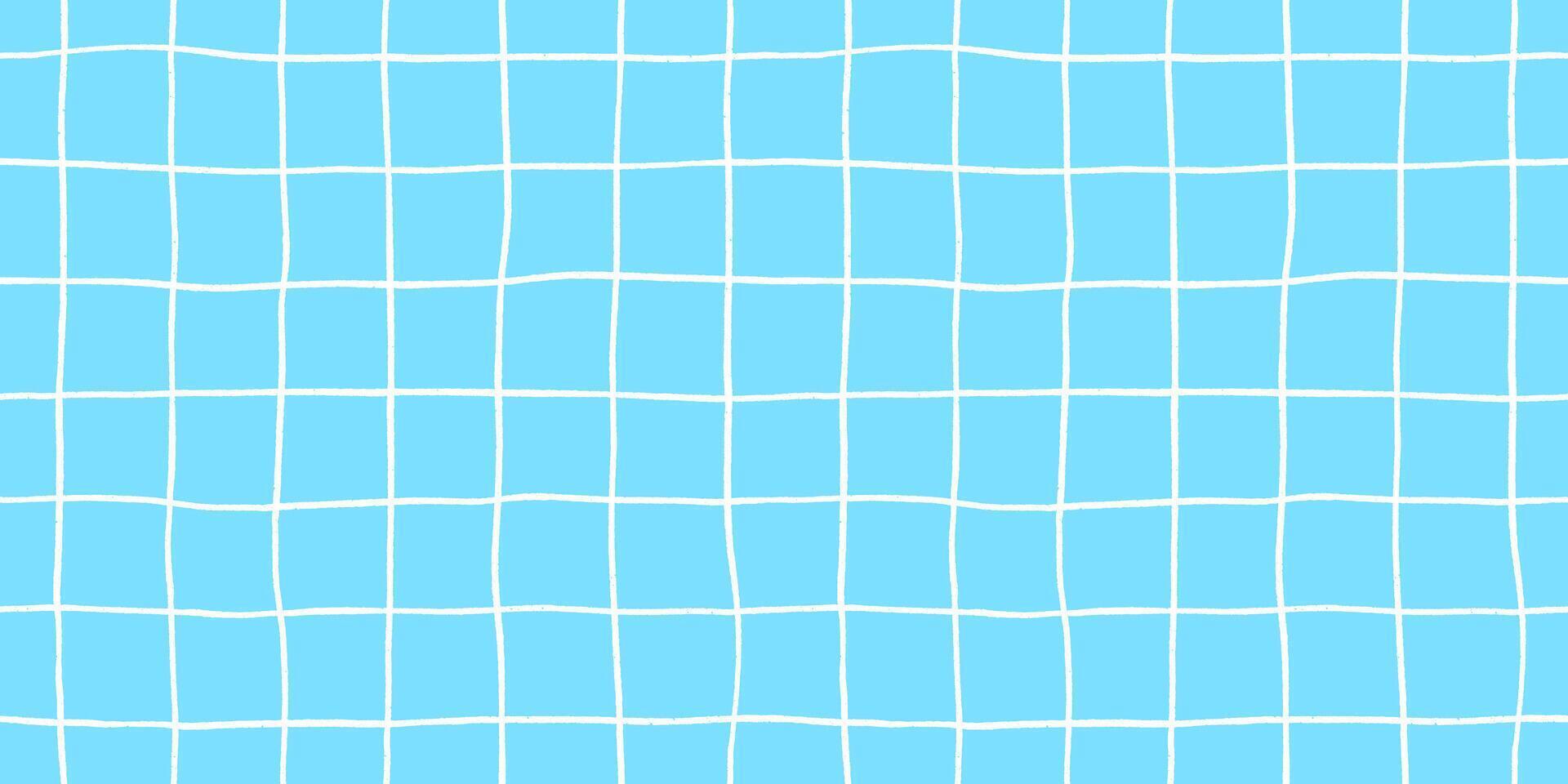 Check seamless pattern grid hand drawn lines creating a playful background with blue square and wavy doodle textured stripes, perfect for cute designs and modern decor in crayon illustration. vector