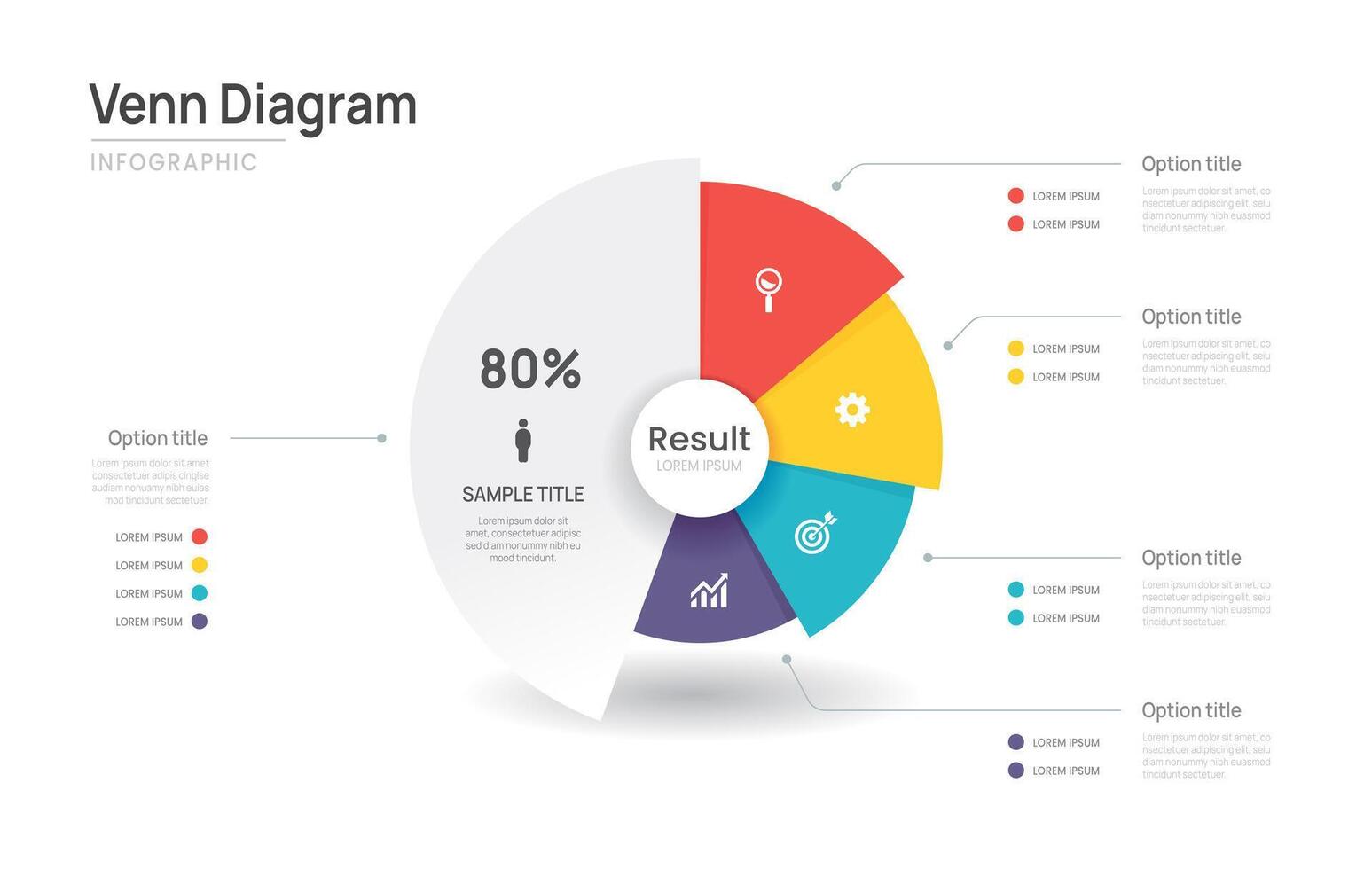 Venn diagram business infographic circle chart template 5 options, presentation with venn diagram elements illustration. vector
