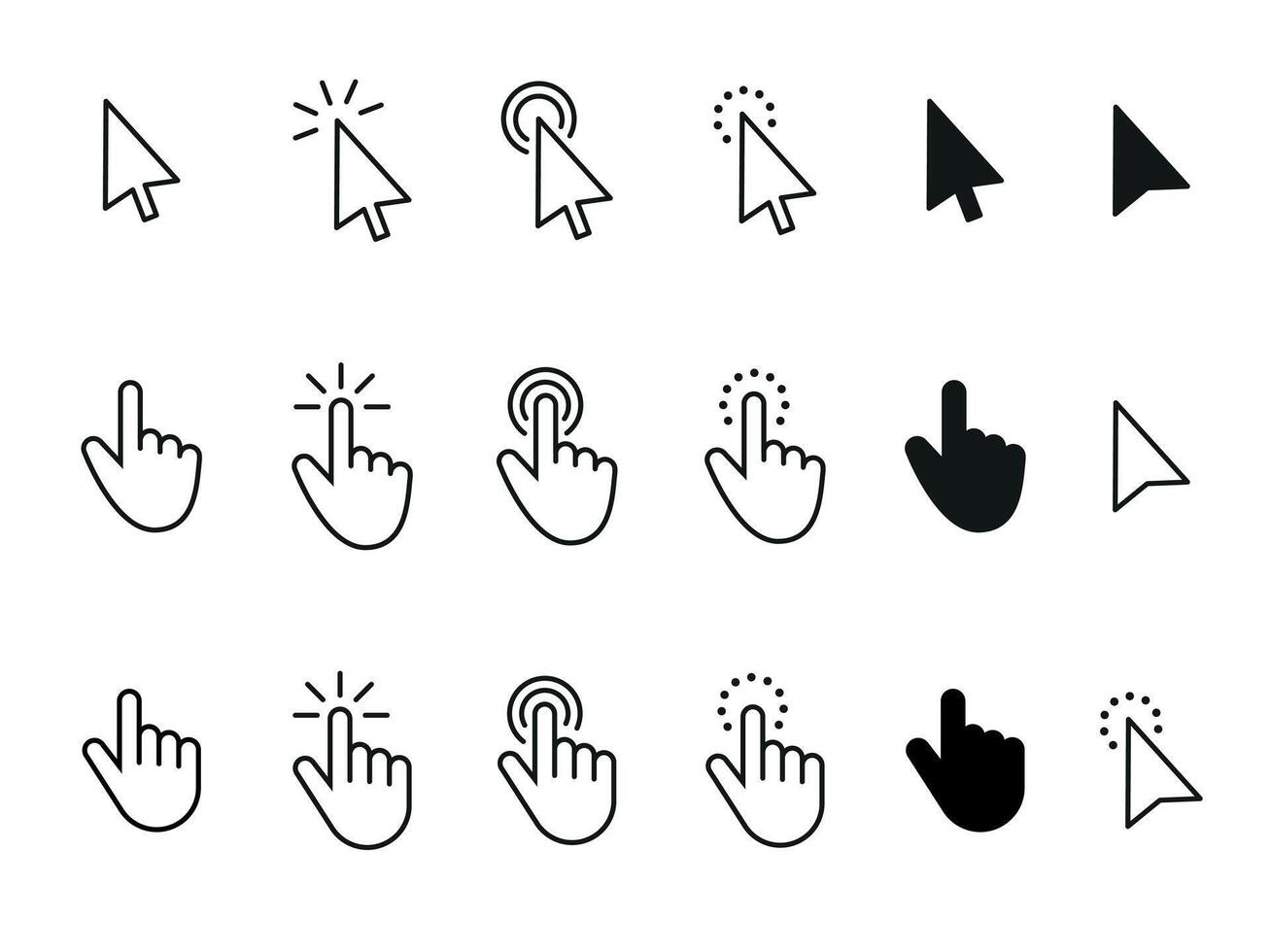 Computer mouse, cursor click, arrow. The cursor icon. Set of loading icons. A collection of mouse-click cursors. vector