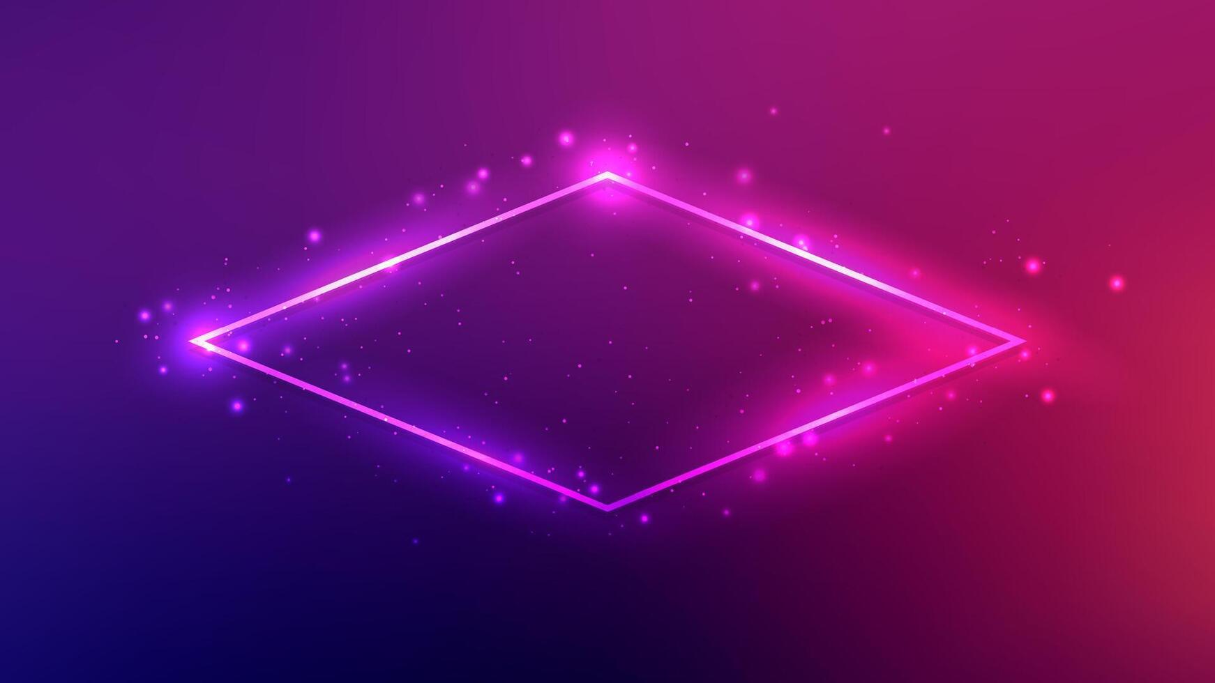Neon rhomb frame with shining effects and sparkles on dark purple background. Empty glowing techno backdrop. illustration vector
