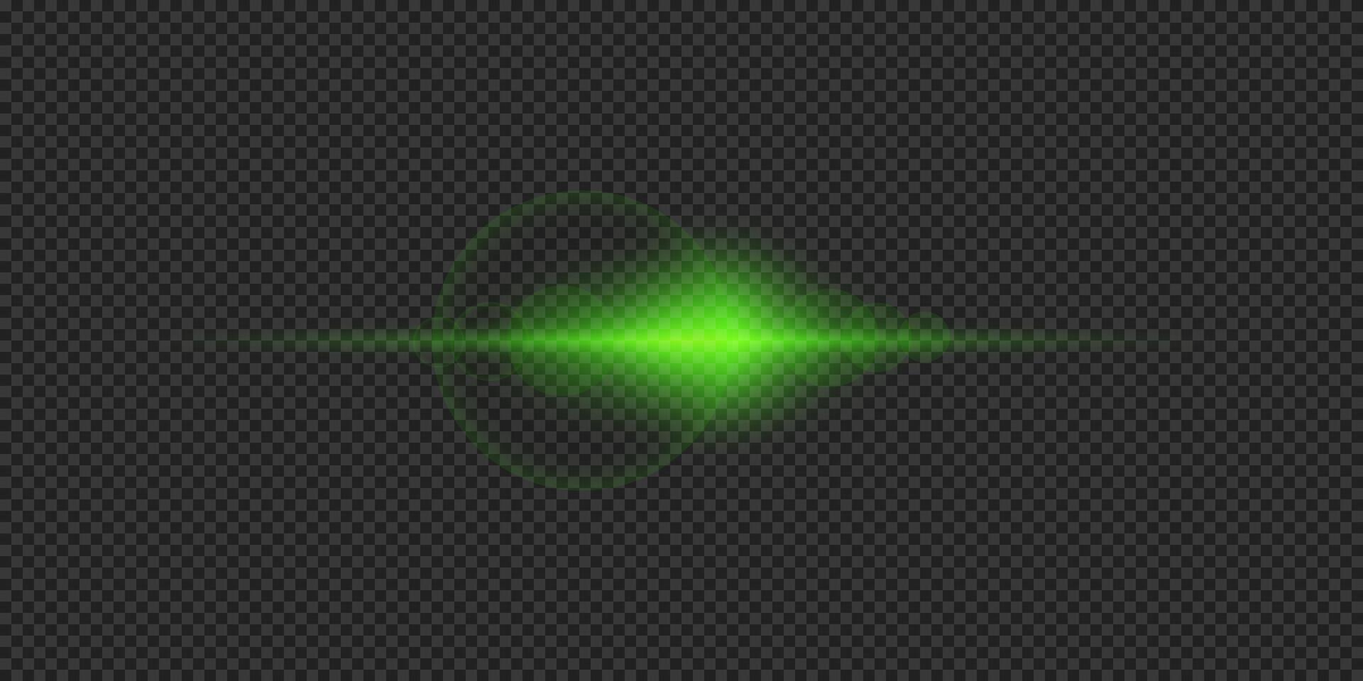 Light effect of lens flares. Green horizontal glowing light starburst effect with sparkles on a grey transparent background. illustration vector