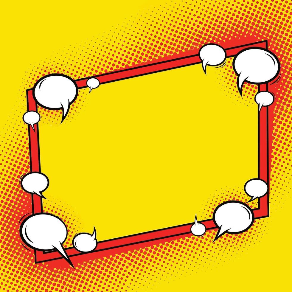Bold comic frame background, pop-art style with halftone dots and speech bubble elements around the border, bright yellow and red vector