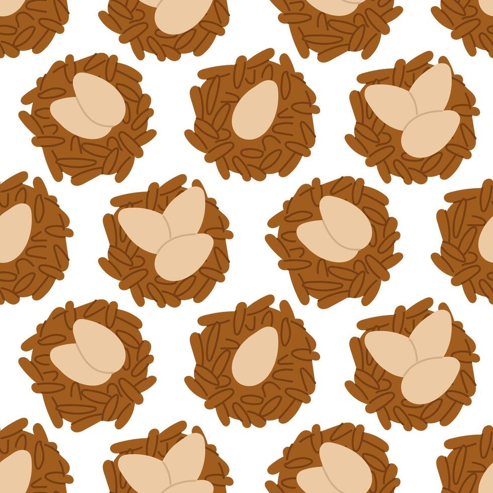 Bird nest pattern with eggs, top view. The nest is brown and made of branches. It symbolizes childbirth or pregnancy. Flat, colorful, seamless texture. Packaging vector