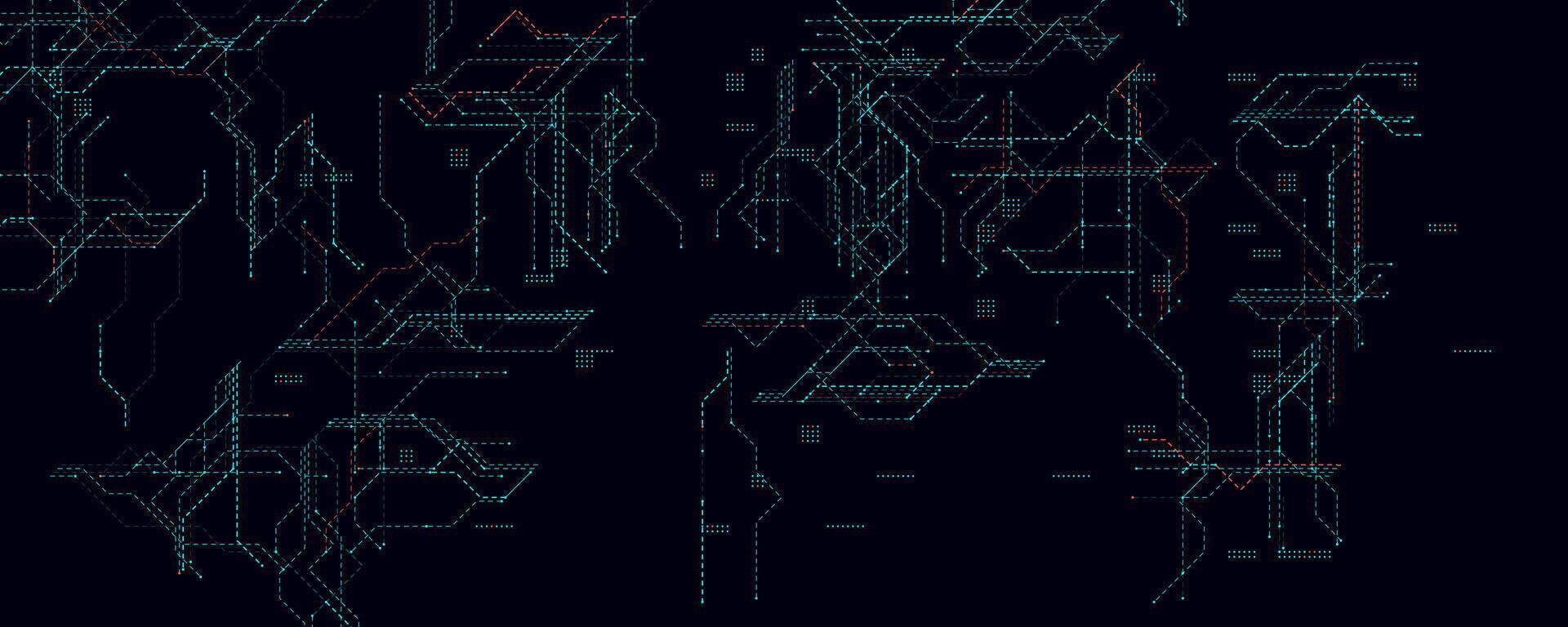 Digital Circuit Board With Glowing Dotted Lines. Futuristic dark background with blue and red data routes for cybersecurity, tech UI, machine learning visuals. illustration vector