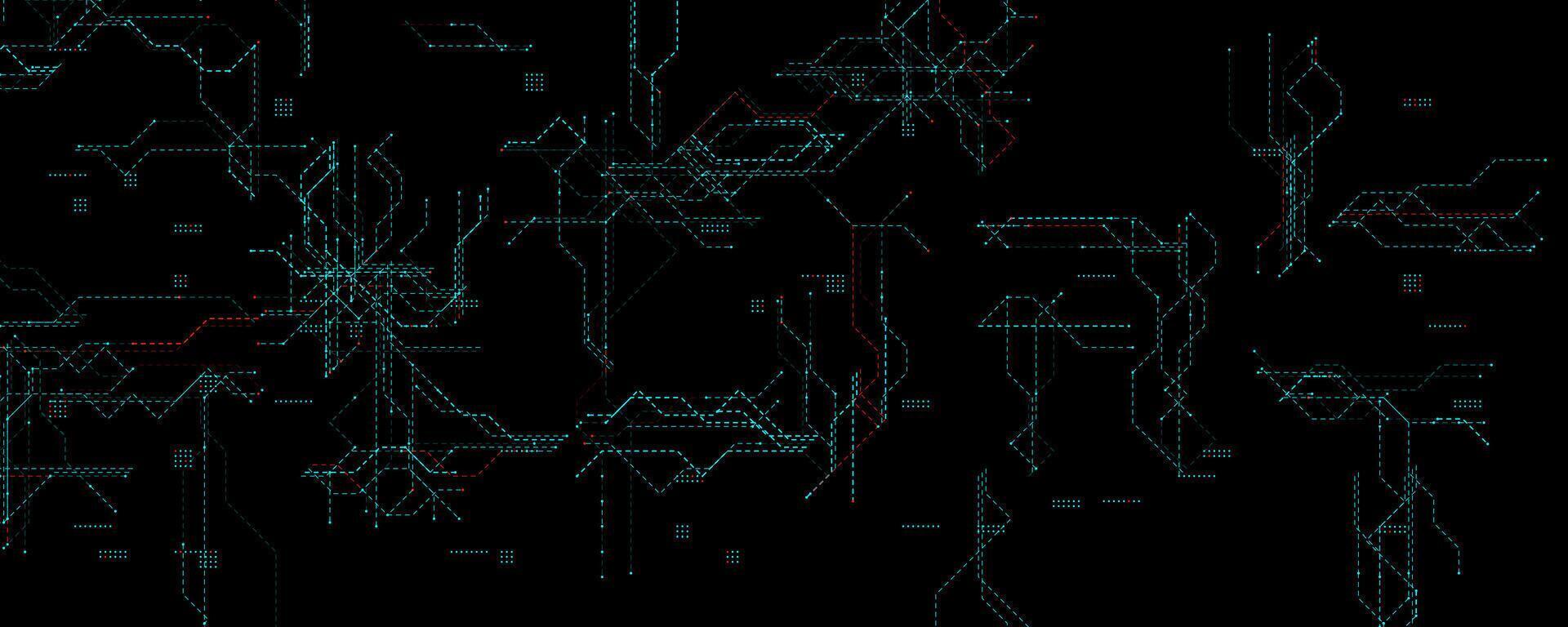 Futuristic Tech Grid With Neon Circuits, dark background with glowing blue and red dotted lines for cyber systems, hacking, or AI concepts. Encoding encryption process BG. illustration vector
