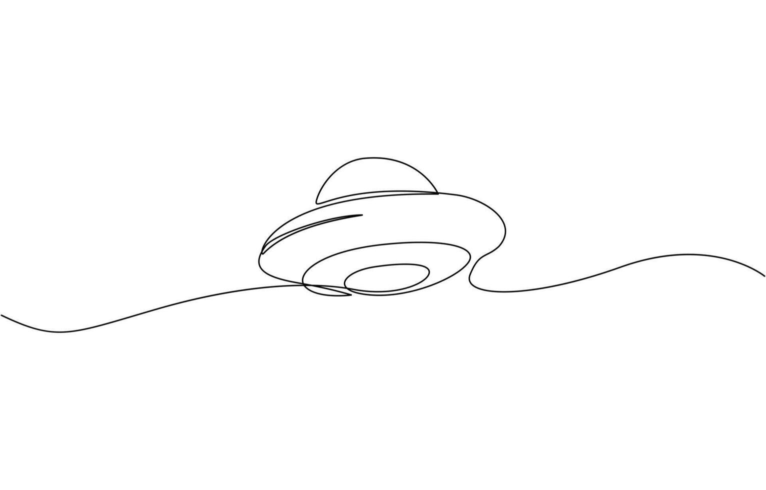 Minimalist One Line Drawing of UFO Unidentified Flying Object in Space. Cute astronauts flying on UFO spaceship. Dynamic one line draw graphic art illustration. vector