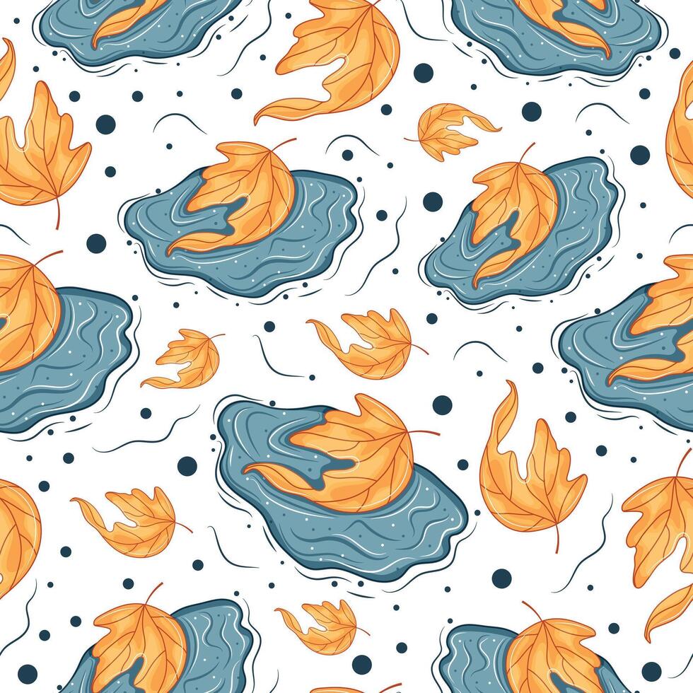 seamless pattern with yellow autumn leaves from under a linden tree lying in a puddle with splashes around, for autumn printing, packaging or other designs vector
