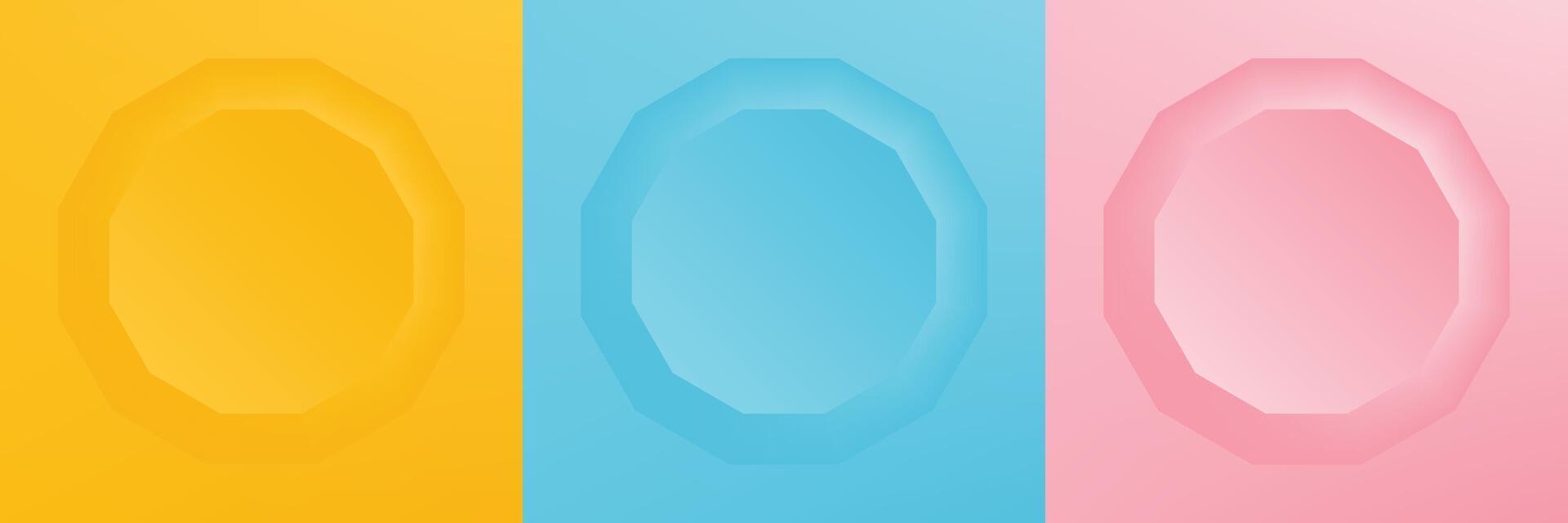 Set of abstract 3d hexagon frame design for cosmetic product. Collection of minimal geometric background with copy space. Top view scene.EPS10 vector