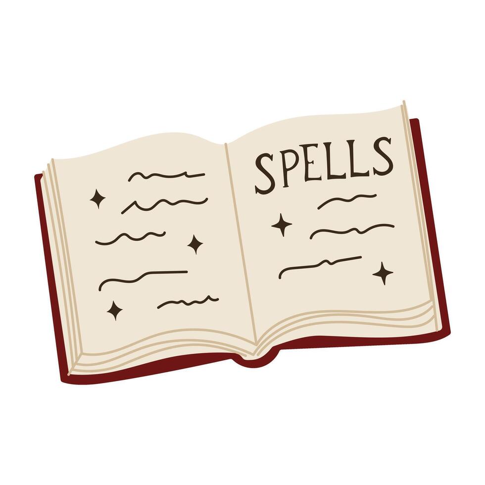 A book with the title Spells written on it. The book is open to a page with a few lines of text vector