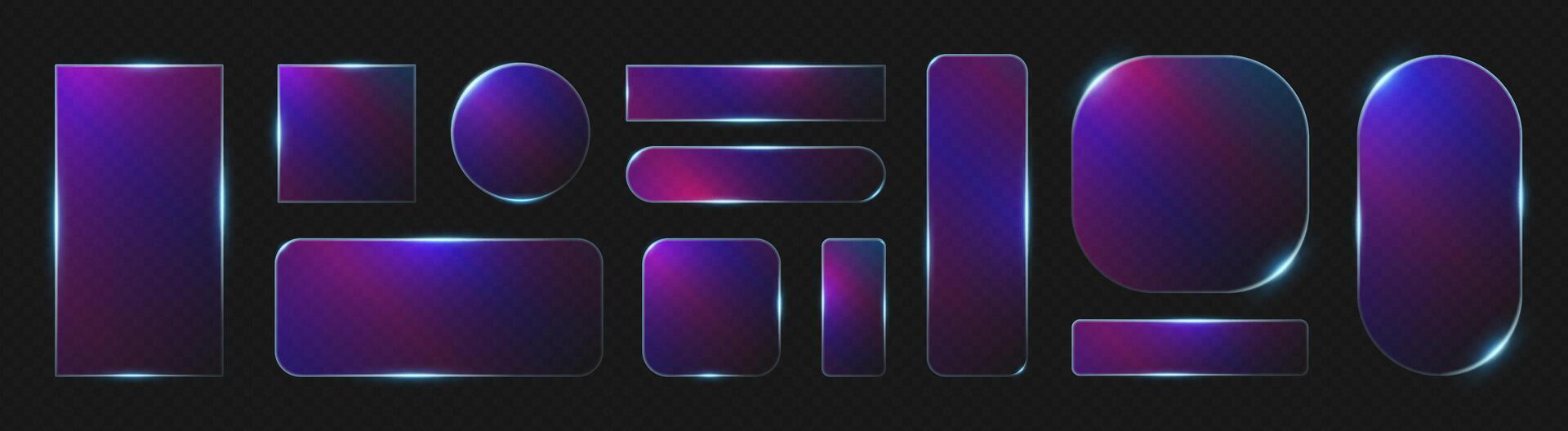 Neon glass frames with glowing blue red and purple edges on dark background. rectangles circles ovals and rounded shapes for modern tech banners signs and digital interface design. vector