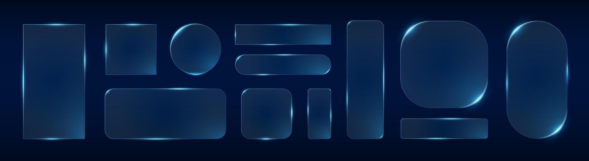 Glass frame set with neon blue glow and luminous borders. geometric shapes including rectangles, circles and rounded squares on dark backdrop. Futuristic digital design elements. vector