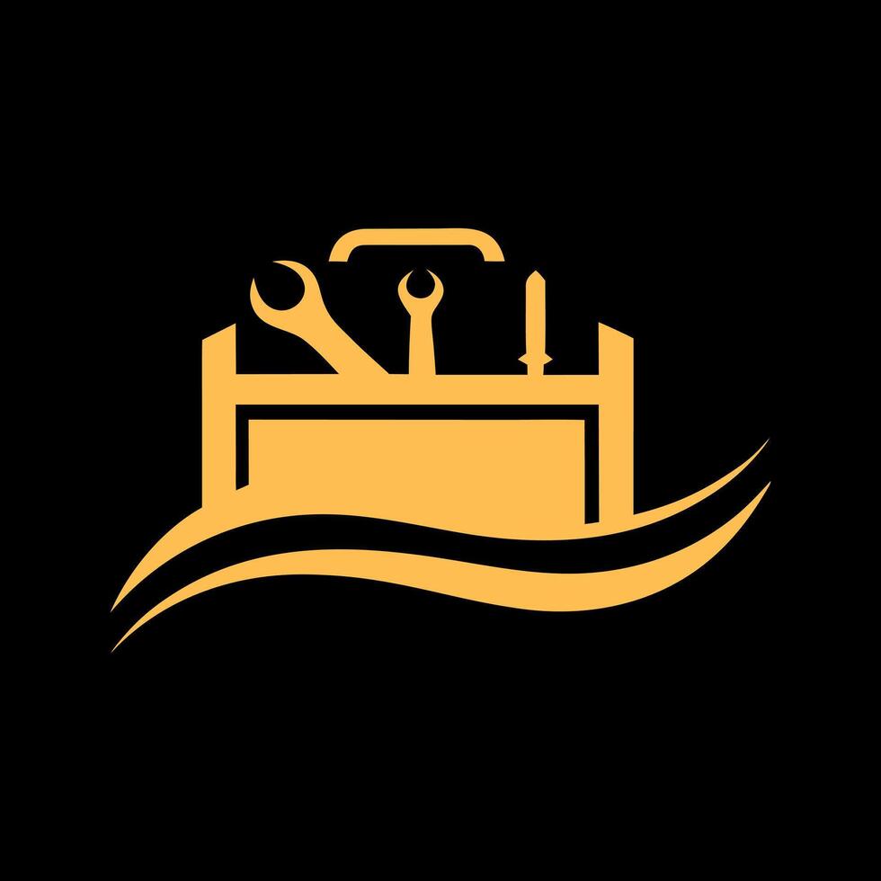 Golden toolbox with wrench and hammer on black background vector