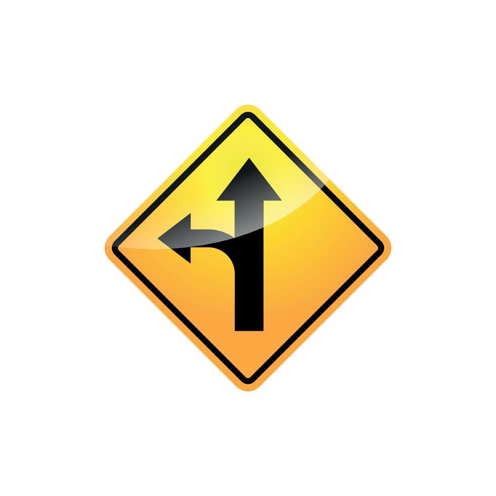 warning sign with a black symbol, indicating a specific road condition ahead. This particular sign, featuring a straight arrow and a left-pointing arrow, Left or Straight Arrow Auxiliary Sign vector