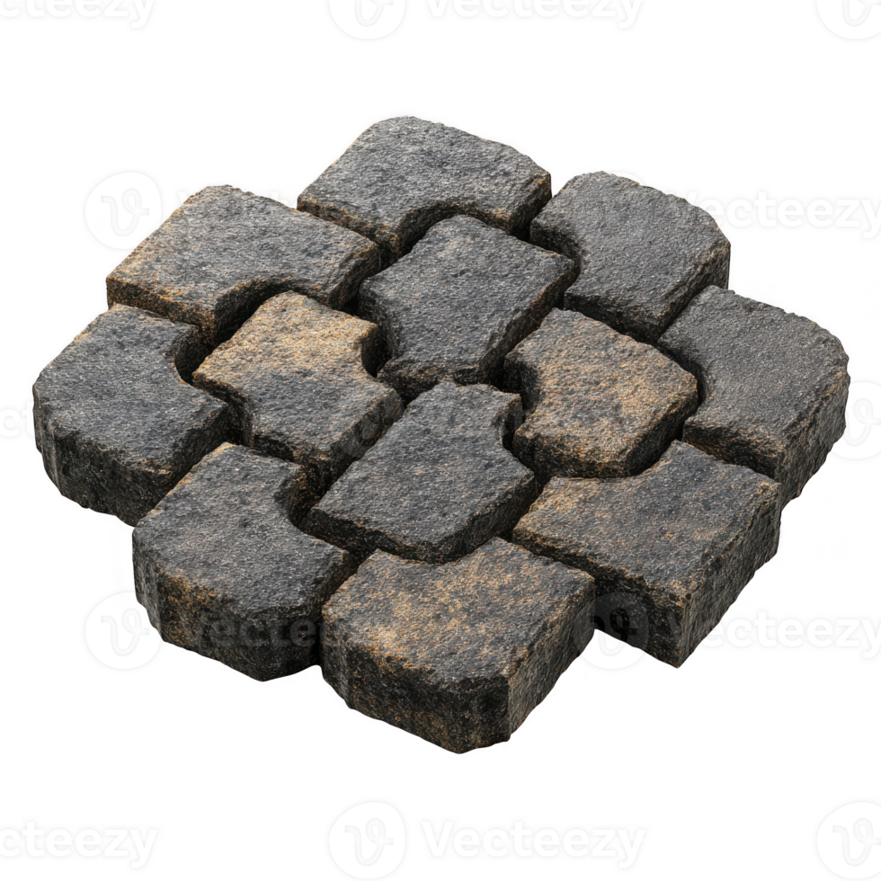 Modular paving stones create structured path with unique design, perfect for outdoor landscaping. These durable stones offer blend of style and functionality, enhancing any garden or walkway png
