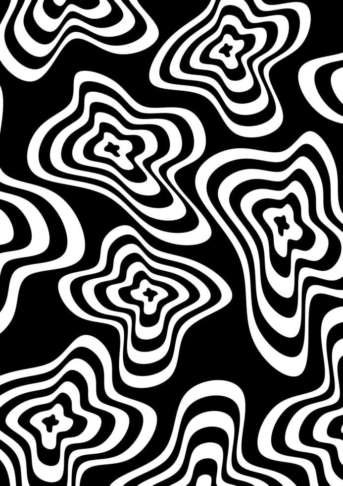 Abstract black and white pattern of flowing, curved concentric lines, creating a psychedelic, hypnotic effect. Perfect for backgrounds and textures. vector