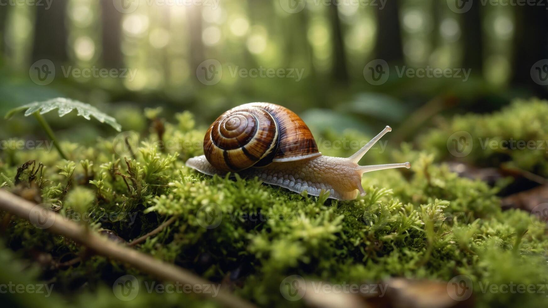 A close-up of a snail slowly moving across lush green moss in a serene forest setting, with soft sunlight filtering through trees photo