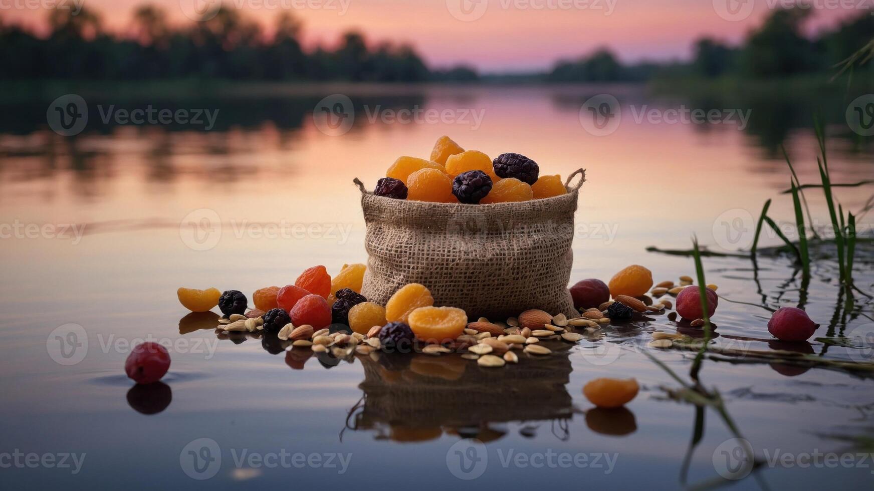 A serene sunset view over a calm river with a burlap sack overflowing with assorted fruits and nuts photo