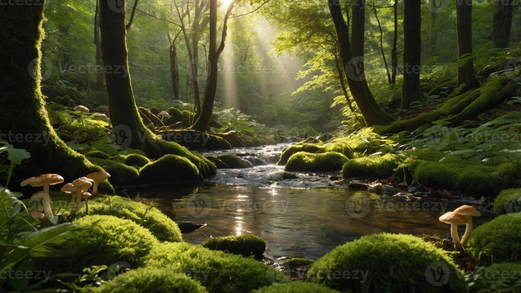 Serene forest scene with a flowing stream, sunlight filtering through trees, and lush greenery photo
