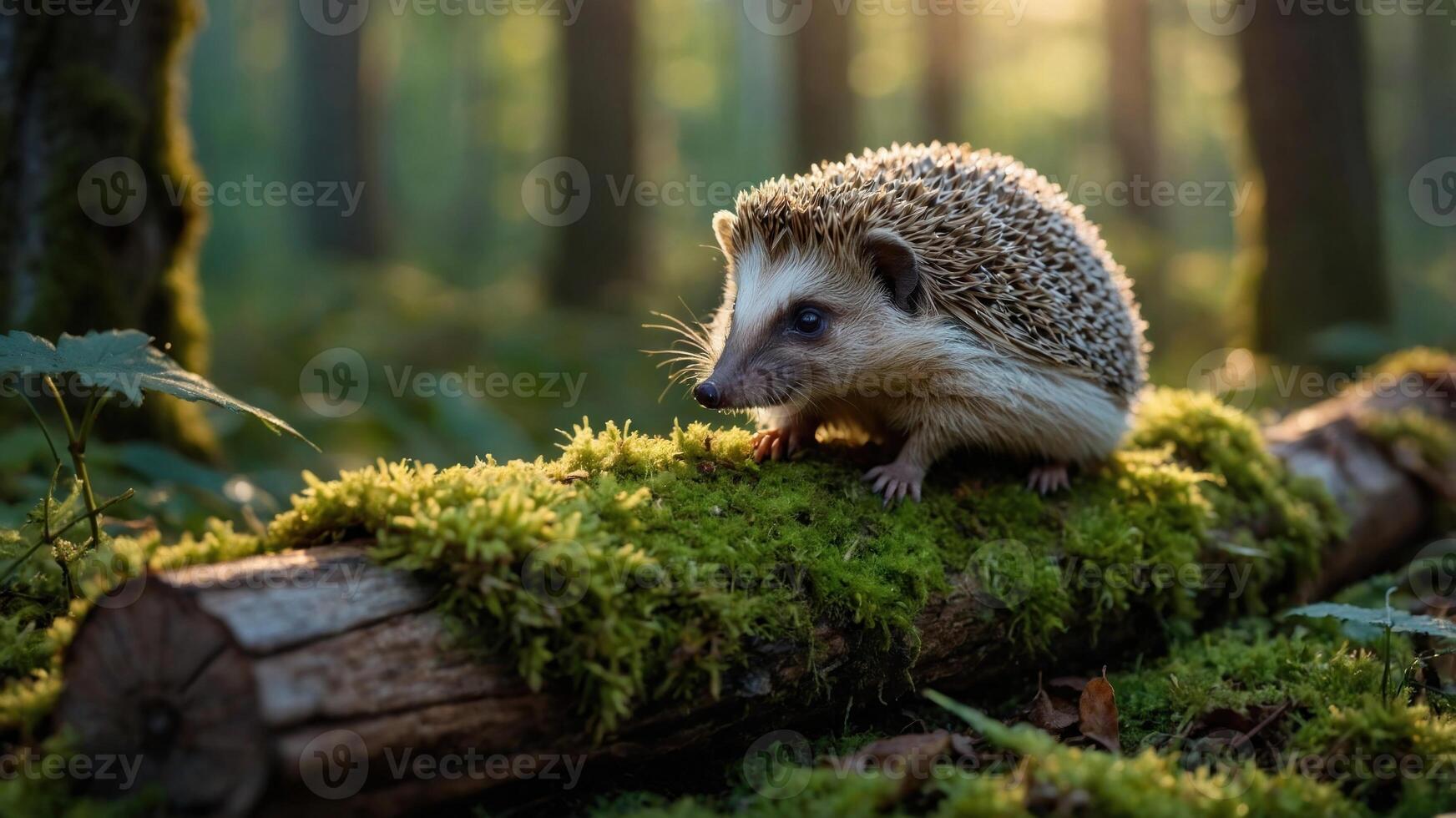 Hedgehog exploring a moss-covered log in a serene forest during golden hour, with soft sunlight filtering through trees photo