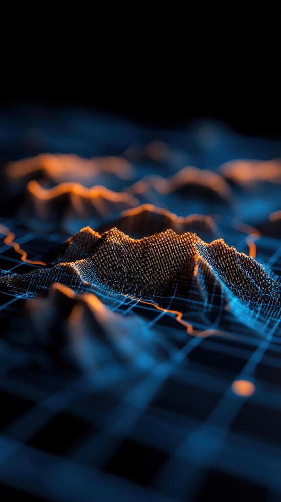 Digital terrain model glowing grid dark background data visualization photo