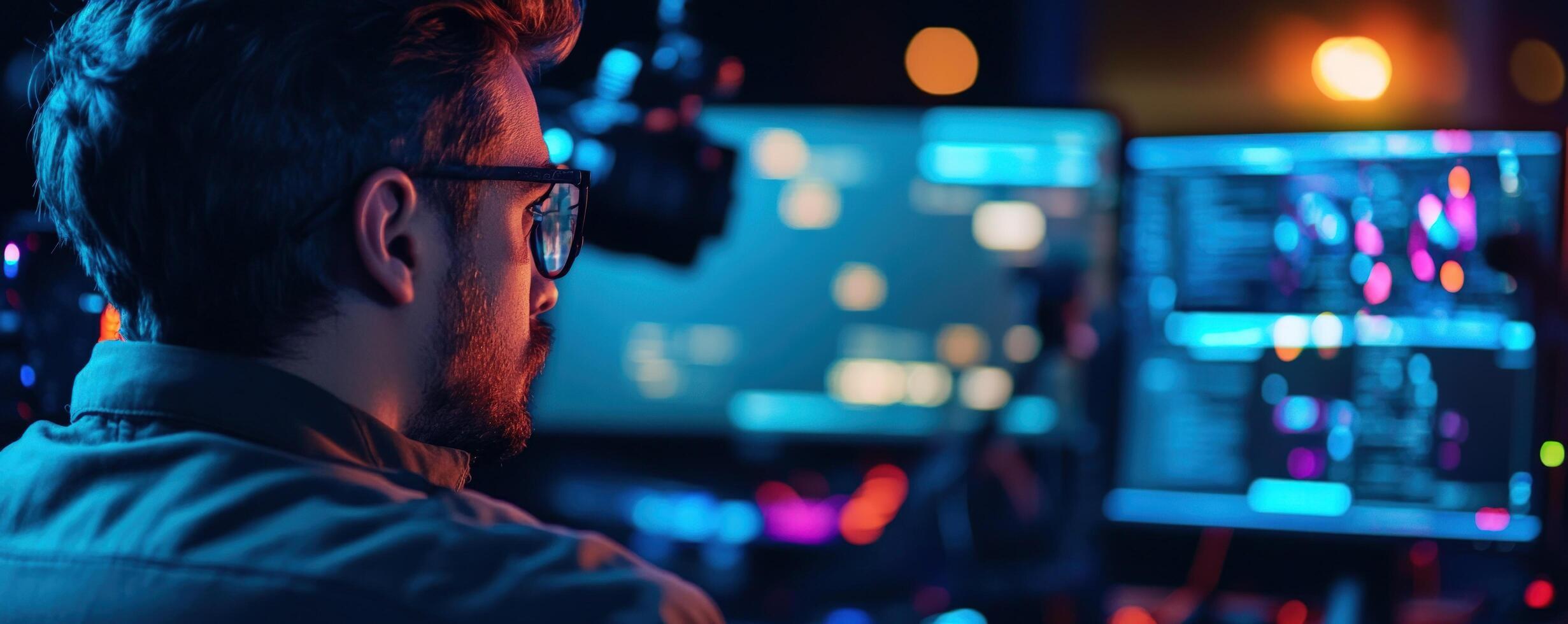 Programmer coding late night, office bokeh photo