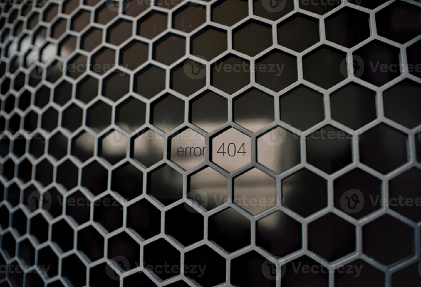Digital glitch error 404 message behind hexagonal grid pattern photo